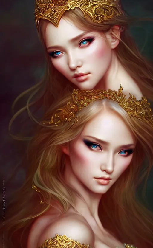 Image similar to a fantasy photo of gorgeous russian female, evening gown, bokeh, medium shot, beautiful face, professionally retouched, soft lighting, realistic, smooth face, perfect eyes, sharp focus, 8 k realistic high definition, insanely detailed, intricate, elegant, art by artgerm and kyoung hwan kim