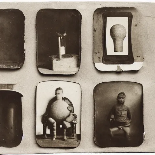 Image similar to Tintype photograph of objects displayed in an ethnographic museum, primitive display, anthropology of wonder, in the style of Marcel Duchamp, found objects, ready-made, 1920s studio lighting.