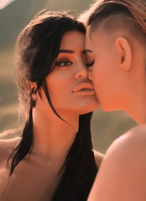 Image similar to film still of kylie Jenner making out with kim kardashian, scenic mountain backround, lens flare, cinematic