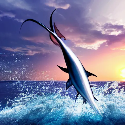 Prompt: of an amazing realistic illustration of a marlin fish jumping out of water, go pro footage, water line surface, sunrise lighting, dynamic composition