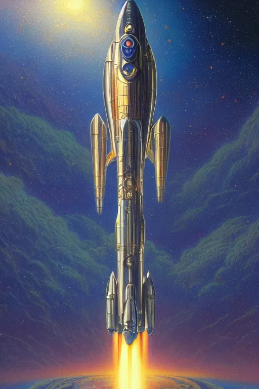 Prompt: shiny rocket ship in cosmic space by tim hildebrandt, wayne barlowe, bruce pennington, donato giancola, larry elmore, masterpiece, trending on artstation, cinematic composition, beautiful lighting, sharp, details, hd, 8 k