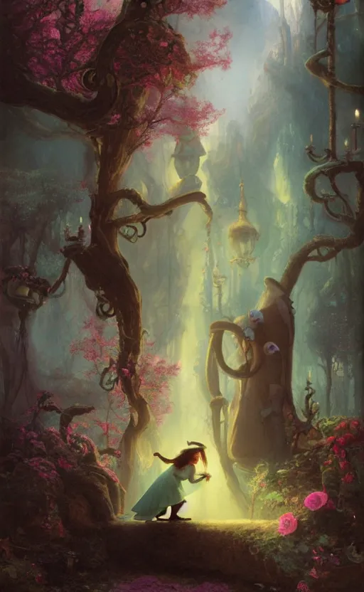 Prompt: Alice in the wonderland by Raphael Lacoste and Delphin Enjolras and William Bliss Baker