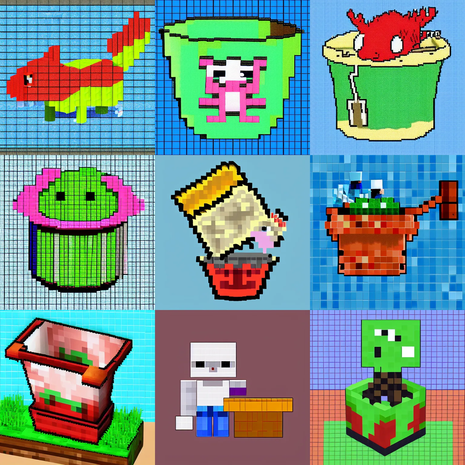Prompt: axolotl in a bucket, pixel art, minecraft