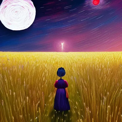 Image similar to giant daisy flower as a head, girl walking in wheat field, hills, surreal photography, moon light, dark night, star trails, dramatic light, impressionist painting, clouds, digital painting, artstation, simon stalenhag