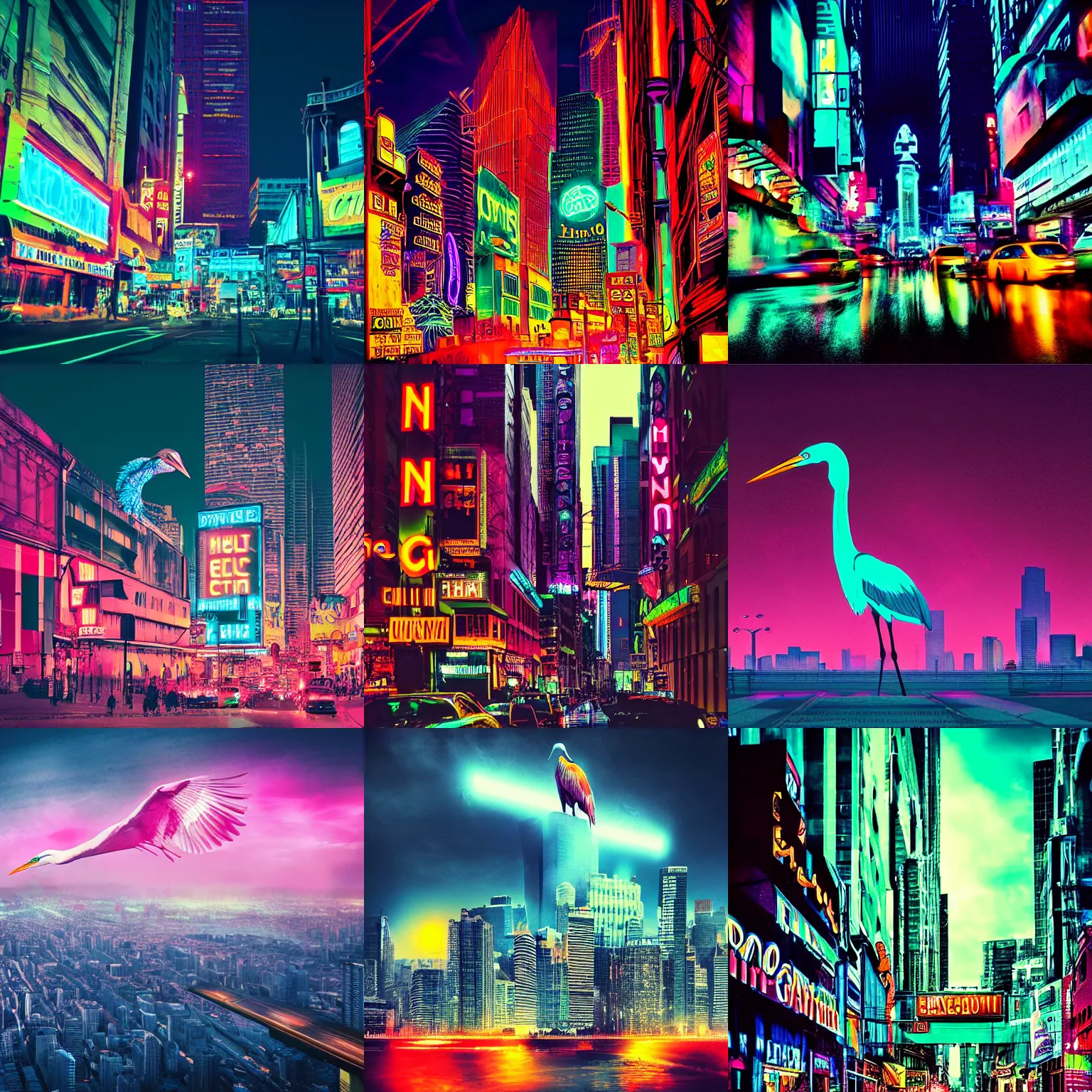 Prompt: gigantic collosal heron standing above city, cinematic, neon colors, epic composition, massive scale