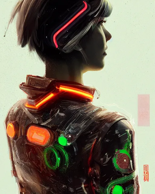 Image similar to detailed portrait neon guard girl with very short brown hair seen from the back, cyberpunk futuristic, reflective puffer jacket, black leggings, decorated with traditional japanese ornaments by ismail inceoglu dragan bibin hans thoma, perfect face, fine details, realistic shaded, fine - face, pretty face