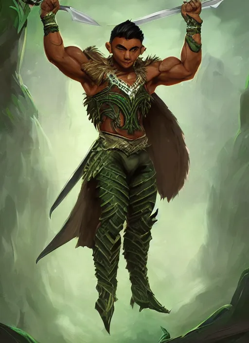 Image similar to a highly detailed illustration of fierce attractive young tanned short haired tribal latino boy wearing green wolf cape, heroic wielding sword pose, muscular, intricate, elegant, highly detailed, centered, digital painting, artstation, concept art, smooth, sharp focus, league of legends concept art, wlop