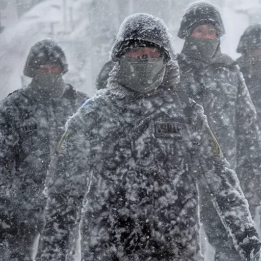 Image similar to multiple soldiers wearing arctic clothing, riot gear, in snow storm, apocalyptic.