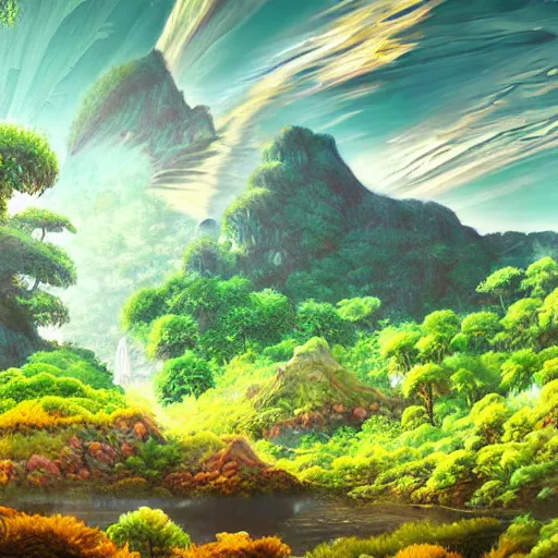 Image similar to digital painting of a lush natural scene on an alien planet by sachiko butou. ultra sharp high quality digital render. detailed. beautiful landscape. colourful weird vegetation. cliffs and water.