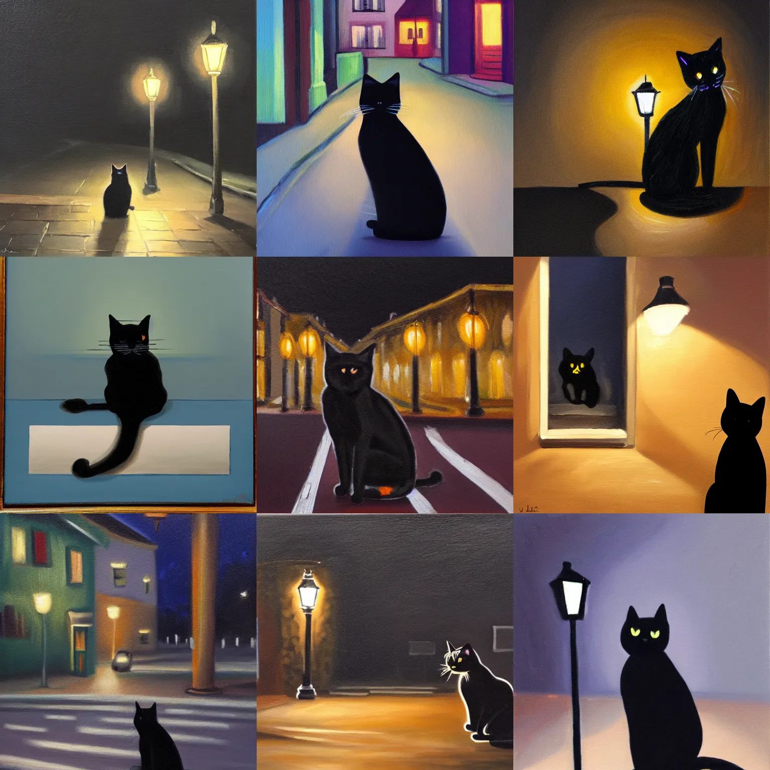 Prompt: oil painting of a black cat sitting on the side of the street at night, illuminated by a street light