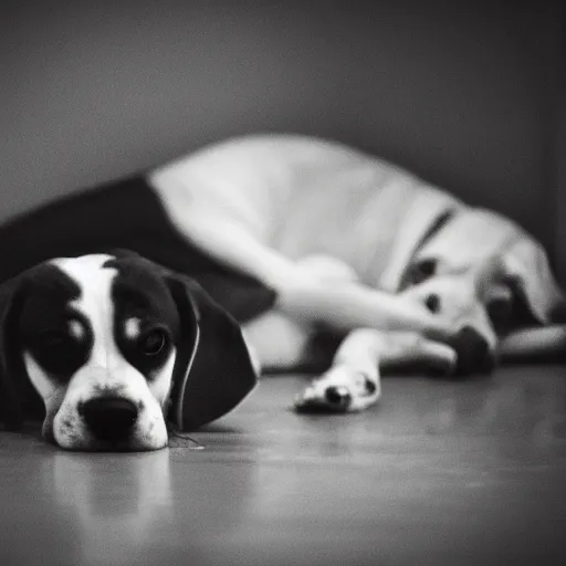 Image similar to depressed beagle in a dark room, movie still, photography, DSLR 35mm, low light photography, sadness