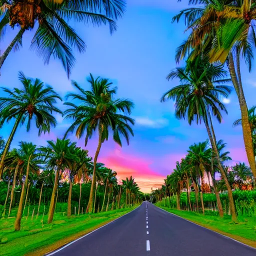 Image similar to A beautiful road with Palm trees on each side, sunset