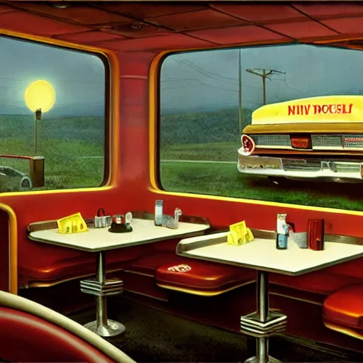 Image similar to a roadside diner open since the 7 0 s in ohio : with free coffee refills, daily specials, and a door you must never open, high quality high detail matte painting by david mattingly and norman rockwell and nc wyeth, hd, realistic, photorealistic lighting, composition and layout in the style of gregory crewdson, modern supernatural horror.