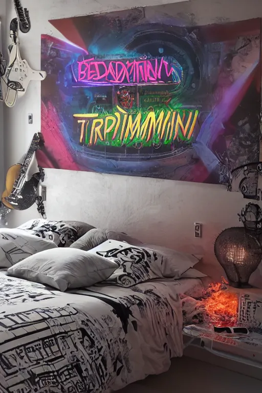 Image similar to photo of bedlinen in a modern bedroom, band merchandise, bandname is tripmachine, tourname is invasion of the tripmachines, realistic digital art, textured with a 3 d render of a huge futuristic steampunk generator, 8 k, fluorescent colors, halluzinogenic, multicolored, exaggerated detailed, unreal engine