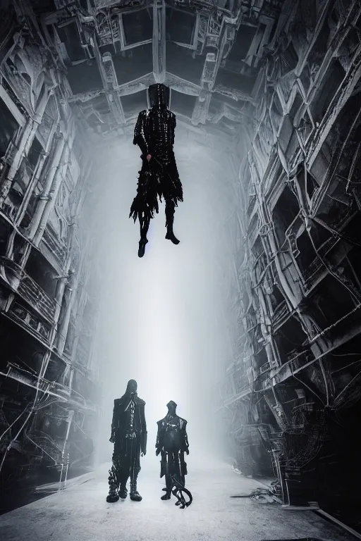 Image similar to avant garde techwear look and clothes, we can see them from feet to head, highly detailed and intricate, hypermaximalist, dystopian castle background, eerie fog, luxury, Rick Owens, Errolson Hugh, Yohji Yamamoto, Chrome Hearts, cinematic outfit photo