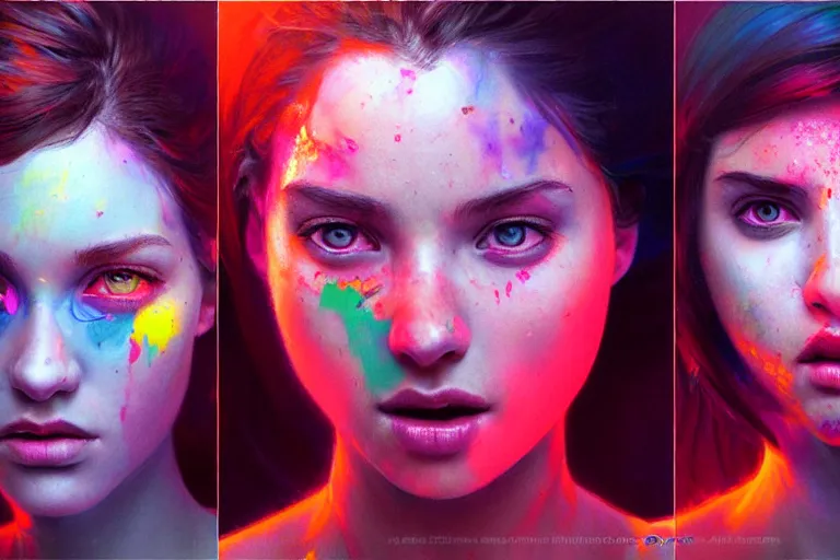 Image similar to three college girls rolling hard on ecstasy, drenched in sweat and covered in florescent paint, kissing sensually with dilated pupils, realistic portrait, highly detailed, digital painting, artstation, concept art, smooth, sharp focus, illustration, cinematic lighting, art by artgerm and greg rutkowski and alphonse mucha