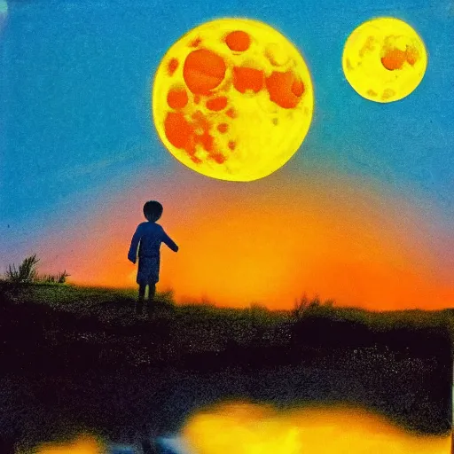 Prompt: the boy looked at the blue moon