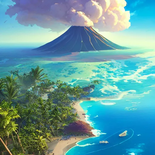 Prompt: a painting a breathtaking aerial view of Hawaiian islands with Pirates, surrounded by palm trees, clouds, flowers, volcano, azure ocean, sunlight glistening, glow, , a detailed matte painting by sylvain sarrailh, Stephan Martinière, by RHADS, Makoto Shinkai, bokeh, Artstation contest winner, fantasy art, concept art, #vfxfriday