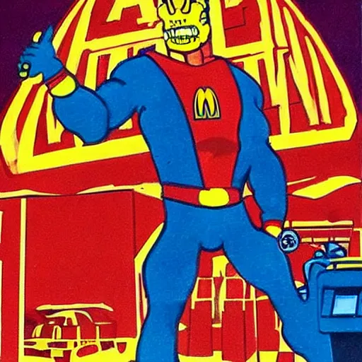 Prompt: the terminator works at McDonalds, painting by Steve Ditko