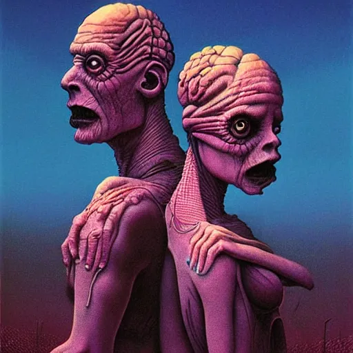 Image similar to kang and kodos ( the simpsons halloween special ) by beksinski and tristan eaton, dark neon trimmed beautiful dystopian digital art