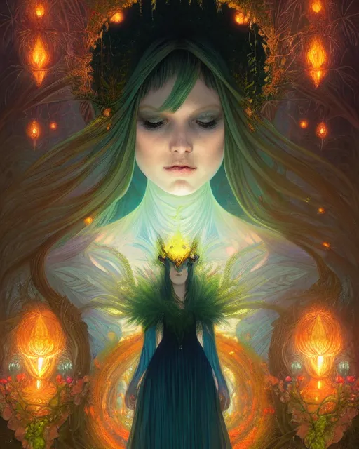 Prompt: symmetry portrait of moss princess, glam, fae, fireflies, forest background, intricate, elegant, highly detailed, digital painting, artstation, concept art, smooth, sharp focus, illustration, art by artgerm and greg rutkowski and fra angelico and alphons mucha