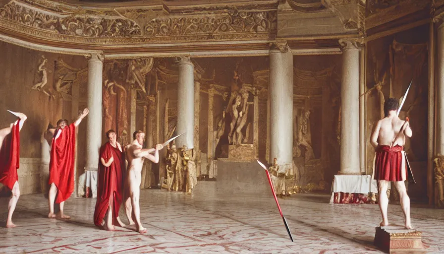 Prompt: movie still by of men murdering caligula with daggers in a neoclassical room, cinestill 8 0 0 t 3 5 mm, high quality, heavy grain, high detail, dramatic light, ultra wide lens, anamorphic, blood, bleeding