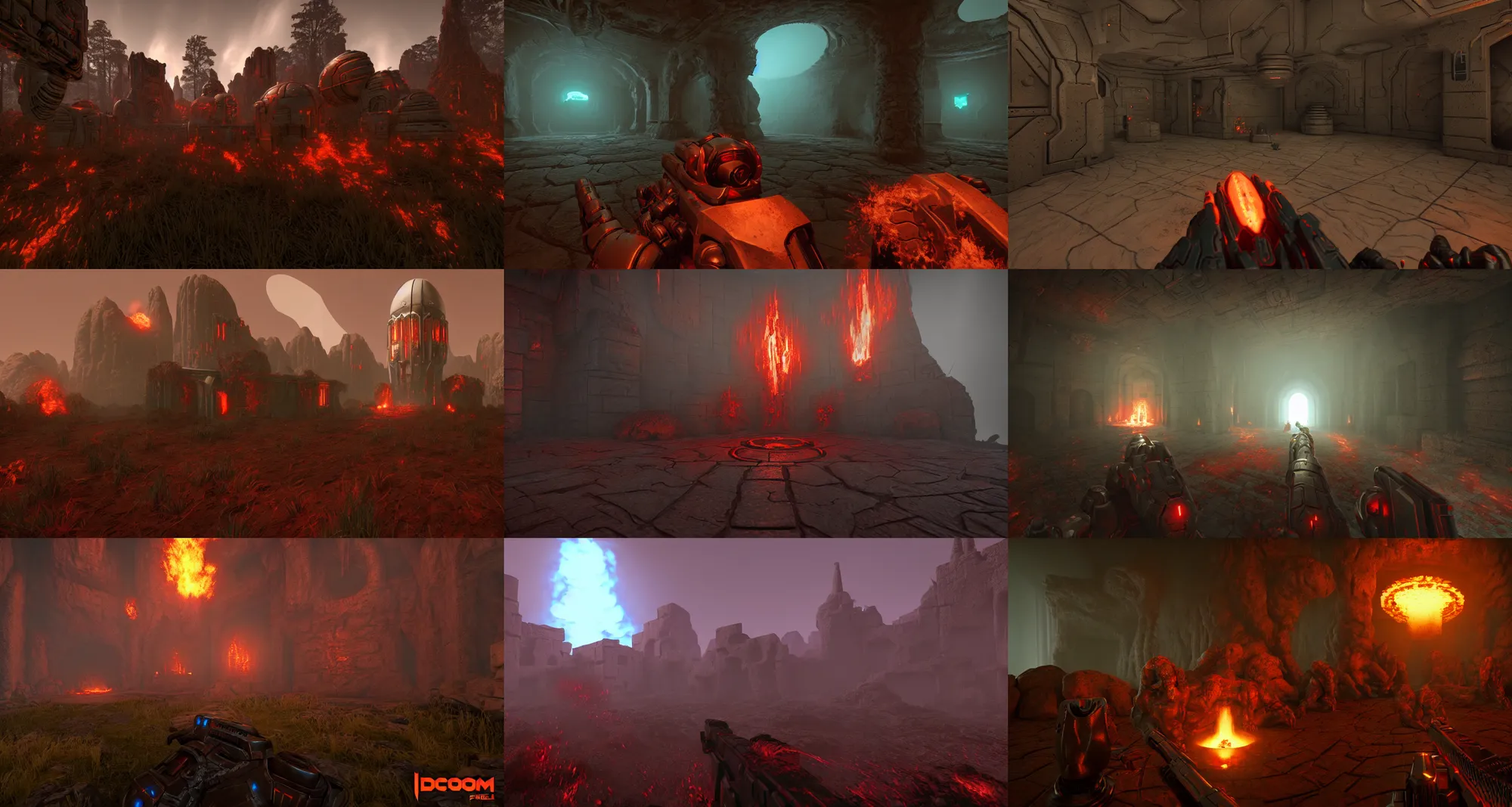 Prompt: classic doom for dos in the style of myst, first person shooter, puzzle game, mysterious atmosphere, octane render, depth of field, unreal engine 5, full of color, trending on artstation, ultra high detail, ultra realistic, cinematic, focused, 8 k