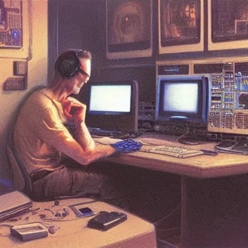 Image similar to Guy programming at his computer in the 80s at night in a dark room, candid art by Donato Giancola and James Gurney, digital art, trending on artstation