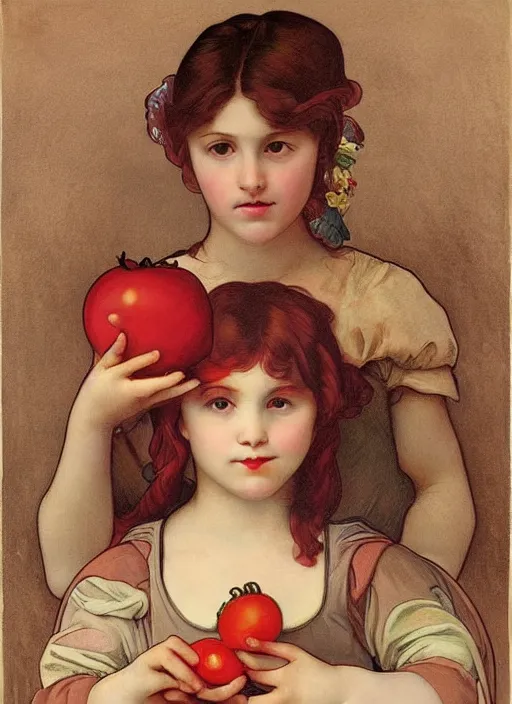 Image similar to Girl with a tomato, in the style of Raphael and Mark Ryden and Alphonse Mucha,