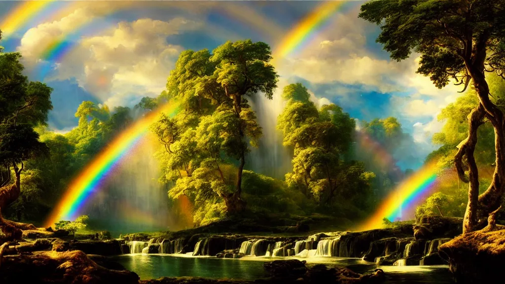 Prompt: the most beautiful panoramic landscape, oil painting, a waterfall creates a rainbow, huge and ancient trees, cinematic lighting, highly detailed, very realistic