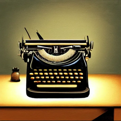 Image similar to painting of a typewriter on a desk in a dimly lit room, volumetric lighting, style of greg rutkowski