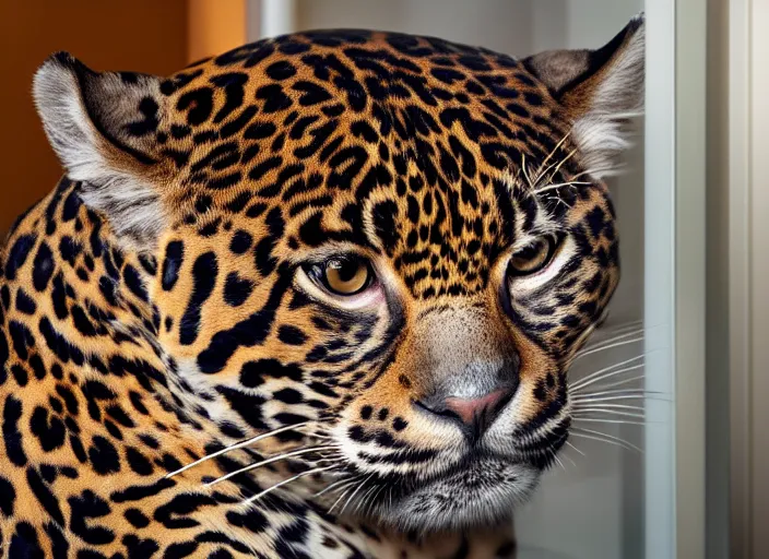 Image similar to photography of a Jaguar Cat . watching outside the window. on a bed. in a 70's room full of vinyls and posters, photorealistic, award winning photo, 100mm, sharp, high res