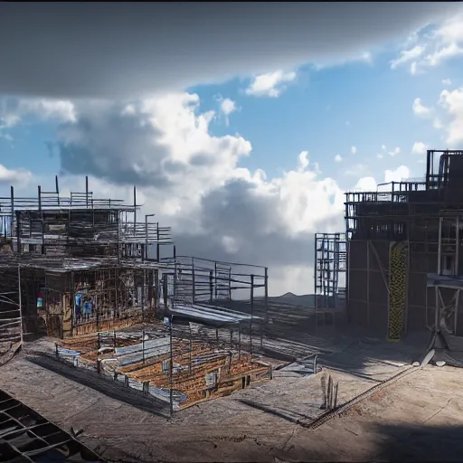 Prompt: building site made of clouds, hyperrealistic, render, unreal engine, 8 k