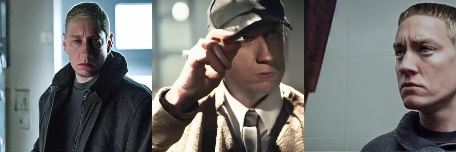 Prompt: close-up of Eminem as a detective in a movie directed by Christopher Nolan, movie still frame, promotional image, imax 70 mm footage