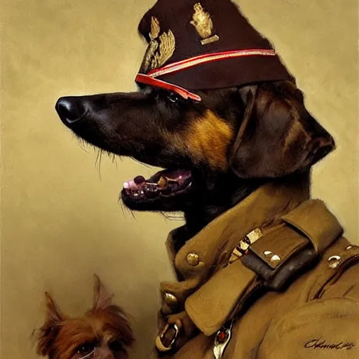 Image similar to old dog with big mustache dressed as a antropormophhic dog veteran colonel of the first world war german army, a dog as a human, highly detailed painting by gaston bussiere, craig mullins, j. c. leyendecker