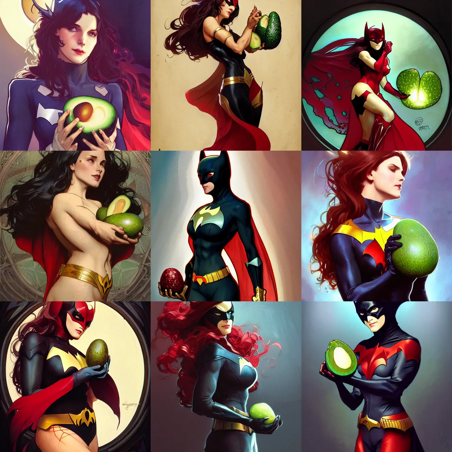 Prompt: digital character concept art by artgerm and greg rutkowski and alphonse mucha. batwoman holding avocado, beautiful, holding a stuff, detailed, poster art, light effect, glowing, hyper detail, intricate, elegant, digital painting, artstation, smooth, sharp focus