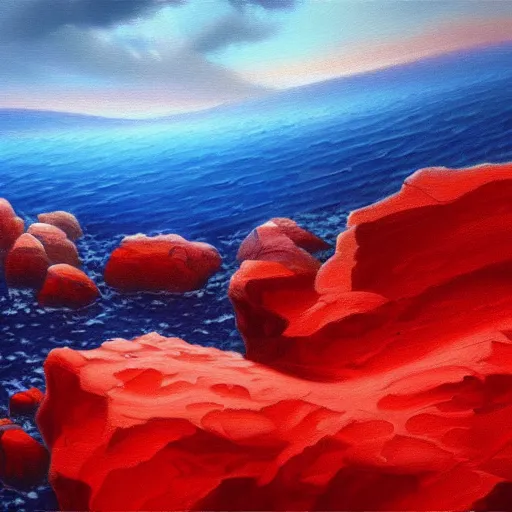 Prompt: A gorgeous detailed oil painting of a red sea covered in big blue rocks, the further away the mistier it gets, dark aesthetic, atmospheric, moody, highly detailed, masterpiece, award winning, 4k