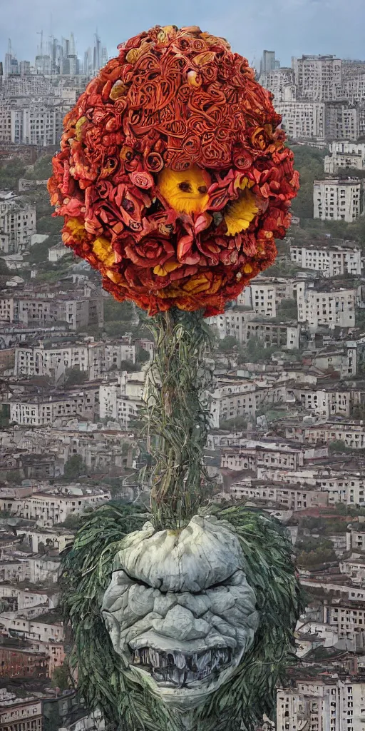 Prompt: giant grotesque flower in the middle of abandoned post soviet constructivist cityscape, Stalinist architecture, ultradetailed by Josan Gonzalez and Giuseppe Arcimboldo and Wes Anderson