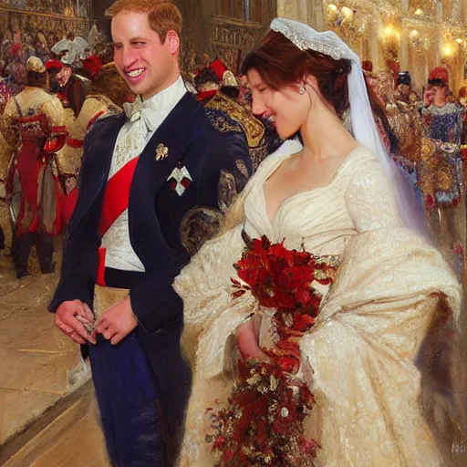 Image similar to the painting of prince william and bella hadid's royal wedding, art by gaston bussiere, craig mullins, j. c. leyendecker, realistic human faces, smiling faces, royal wedding, england