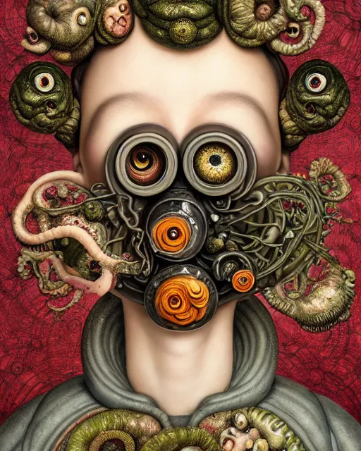 Prompt: a biomorphic portrait with with large eyes, expressive, wearing a botanical gas mask, baroque painting by ayami kojima, mark ryden, arcimboldo, cephalopod human, mixed media 3 d collage, focus on head, soft light, 4 k, octane high quality render