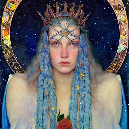 Image similar to queen of the moon with stars in her hair, by annie swynnerton and tino rodriguez and nicholas roerich and jean delville and donato giancola and tom bagshaw and evelyn demorgan and diego rivera, dramatic lighting, god rays, geometric tattoos, rich colors, smooth sharp focus, extremely detailed, adolf wolfli