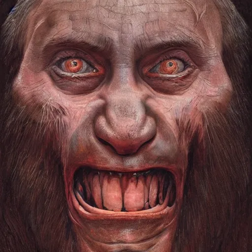 Image similar to vladimir putin, putin is bald prehistoric primate caveman, reptiloid eyes, awe face, toothless, saw teeth, peeling skin, horror macabre face, clown nose, by donato giancola and greg rutkowski and wayne barlow and zdzisław beksinski, realistic face, digital art