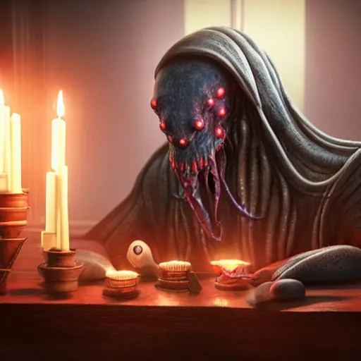 Image similar to ilithid mindflayer with headphones playing synthesizers, D&D, sigils, glowing candles, studio quality, intricate detail, unreal engine, hyperrealistic,