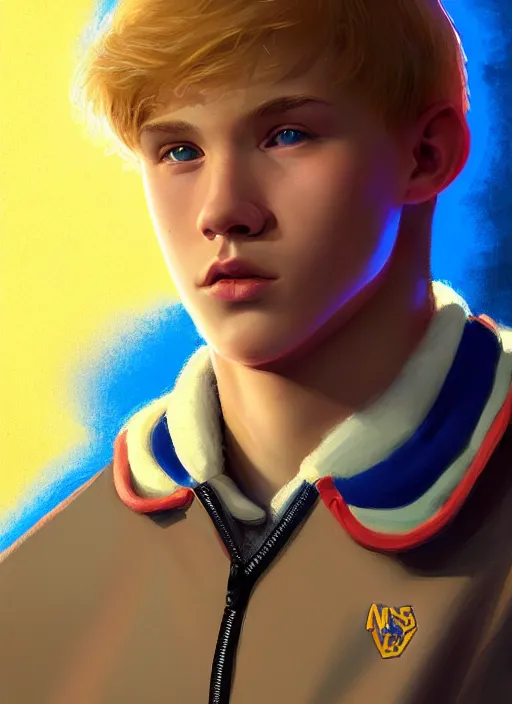 Image similar to portrait of high school senior boy named big moose, blonde short hair, jock, beefy, wide face, square jaw, square facial structure, blue varsity jacket with letter r, intricate, elegant, glowing lights, highly detailed, digital painting, artstation, concept art, sharp focus, illustration, art by wlop, mars ravelo and greg rutkowski