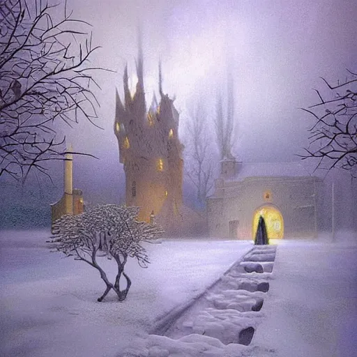 Image similar to scene from a dream. snow. digital artwork by vincent bons, michael whelan, remedios varo and gerardo dottori. grainy and rough. interesting pastel colour palette. beautiful light. oil and water colour based on high quality render.