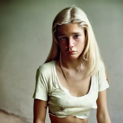 Image similar to photograph by steve mccurry of blonde female in her twenties wearing designer top