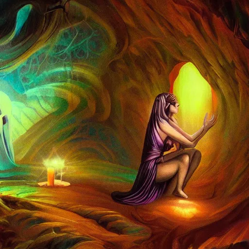 Prompt: beautiful mysterious goddess whispering to man in dark cave, dmt composition