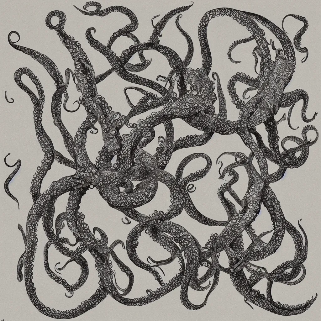 Prompt: “Infinite loop of octopuses, mathematical art by M.C. Escher, ceramic dish, 1959”