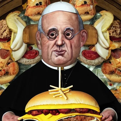 Prompt: a amazing new surrealist hybrid of the pope mixed with an anthropomorphic cheeseburger made of the popes face by giuseppe arcimboldo and kandinskali and catrin welz - stein, melting cheese, steamed buns, grilled artichoke, sliced banana, salami, milk duds, licorice allsort filling