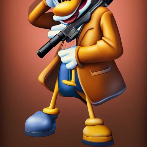 Image similar to Photorealistic Goofy holding a machine gun, Hyperdetailed, 108 megapixels, artstation concept art